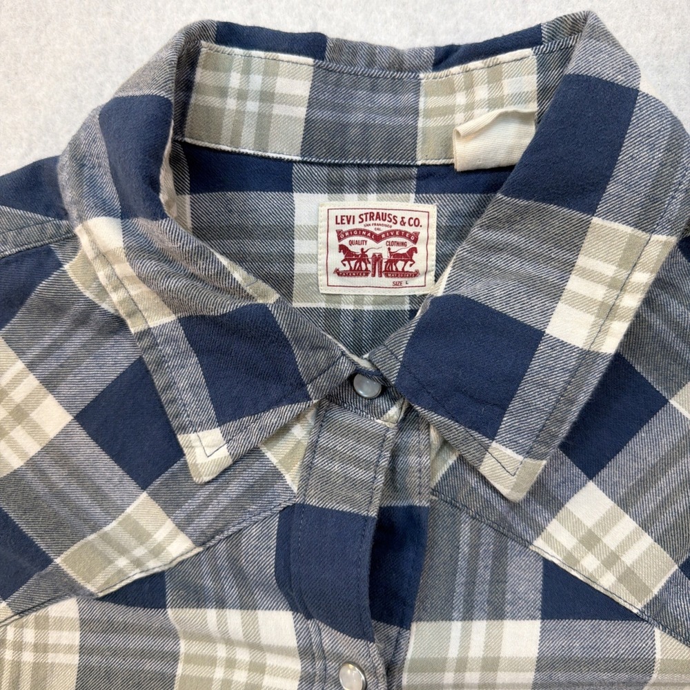 Levi's Men's Classic Plaid Western Shirt Blue Gray Pearl Snap Size Large
